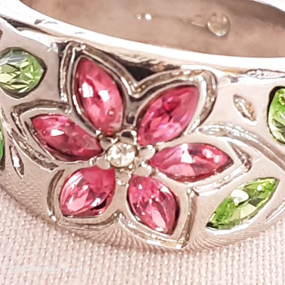 Colorful Band Ring Floral Encrusted Marquise Stones On Silver Tone Setting - Picture 8 of 10